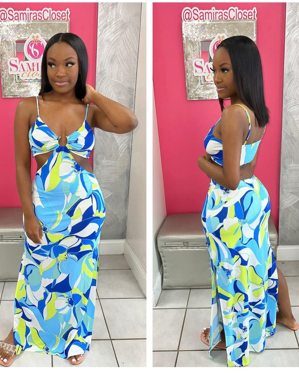 Cutout Waist Floral Maxi-Blue