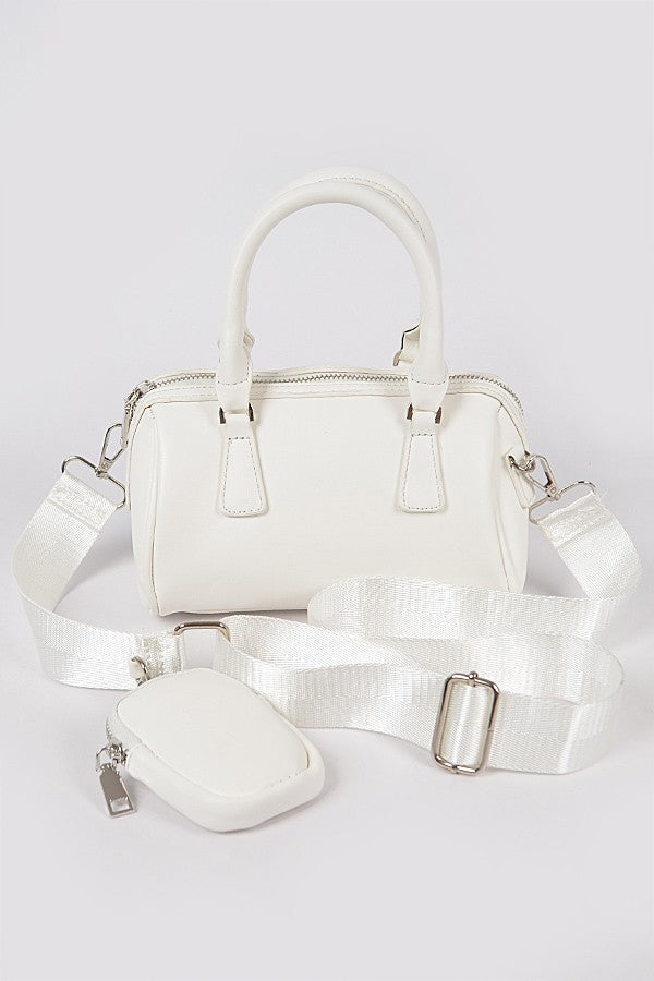 Faux Leather Boston Bag W/Mini Bag - White