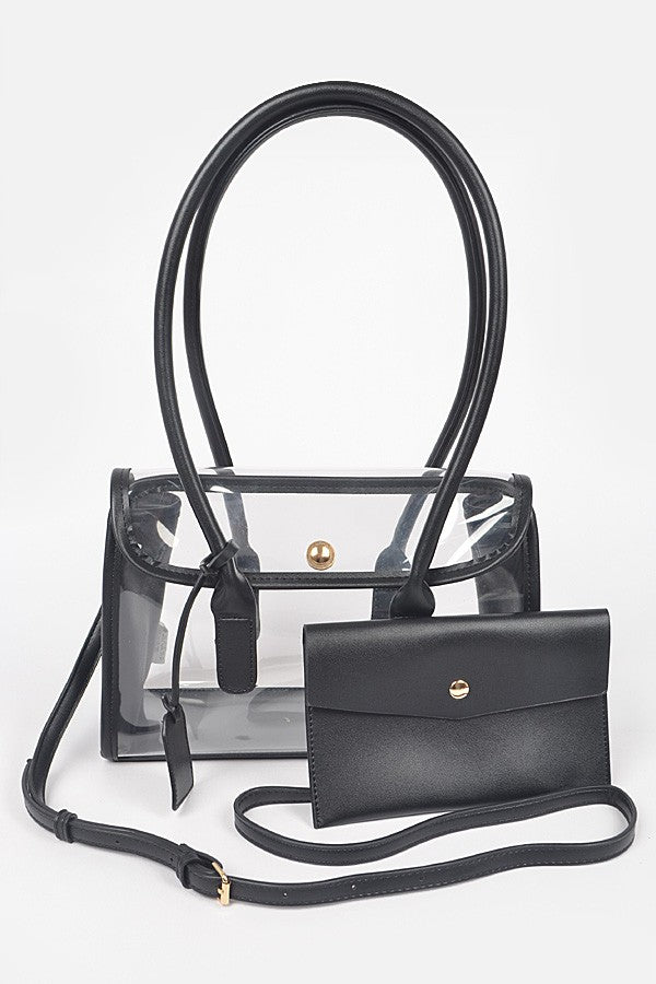 Faux Leather Trimmed Clear Bag