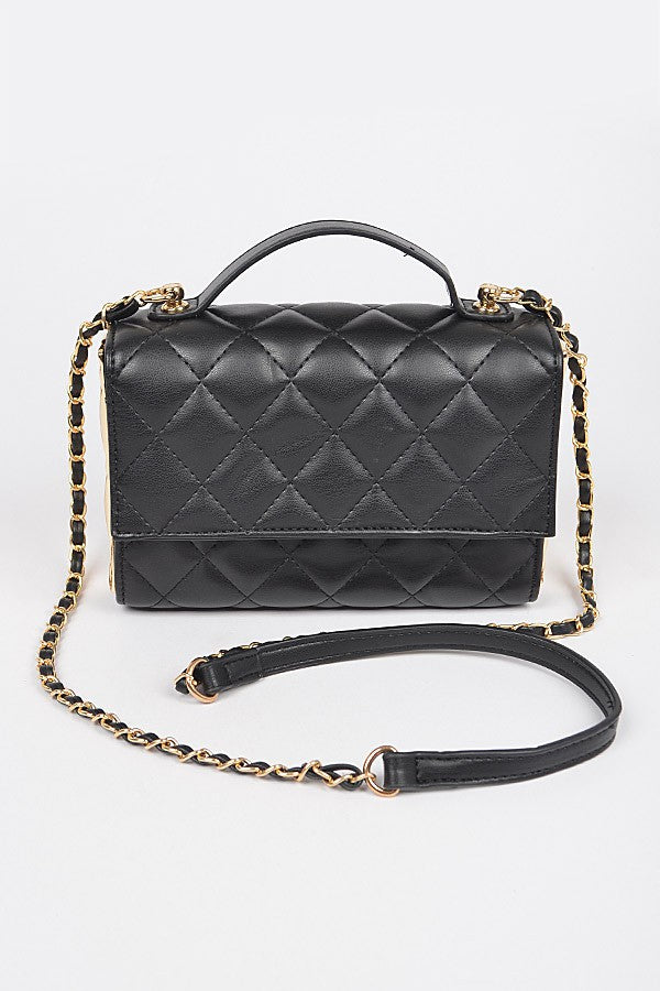 Quilted Faux Leather Metal Combination Flap Bag