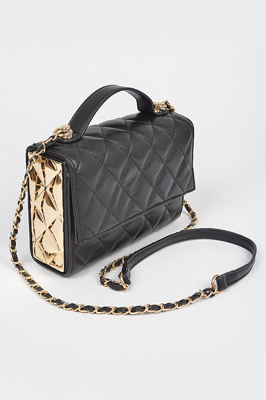 Quilted Faux Leather Metal Combination Flap Bag