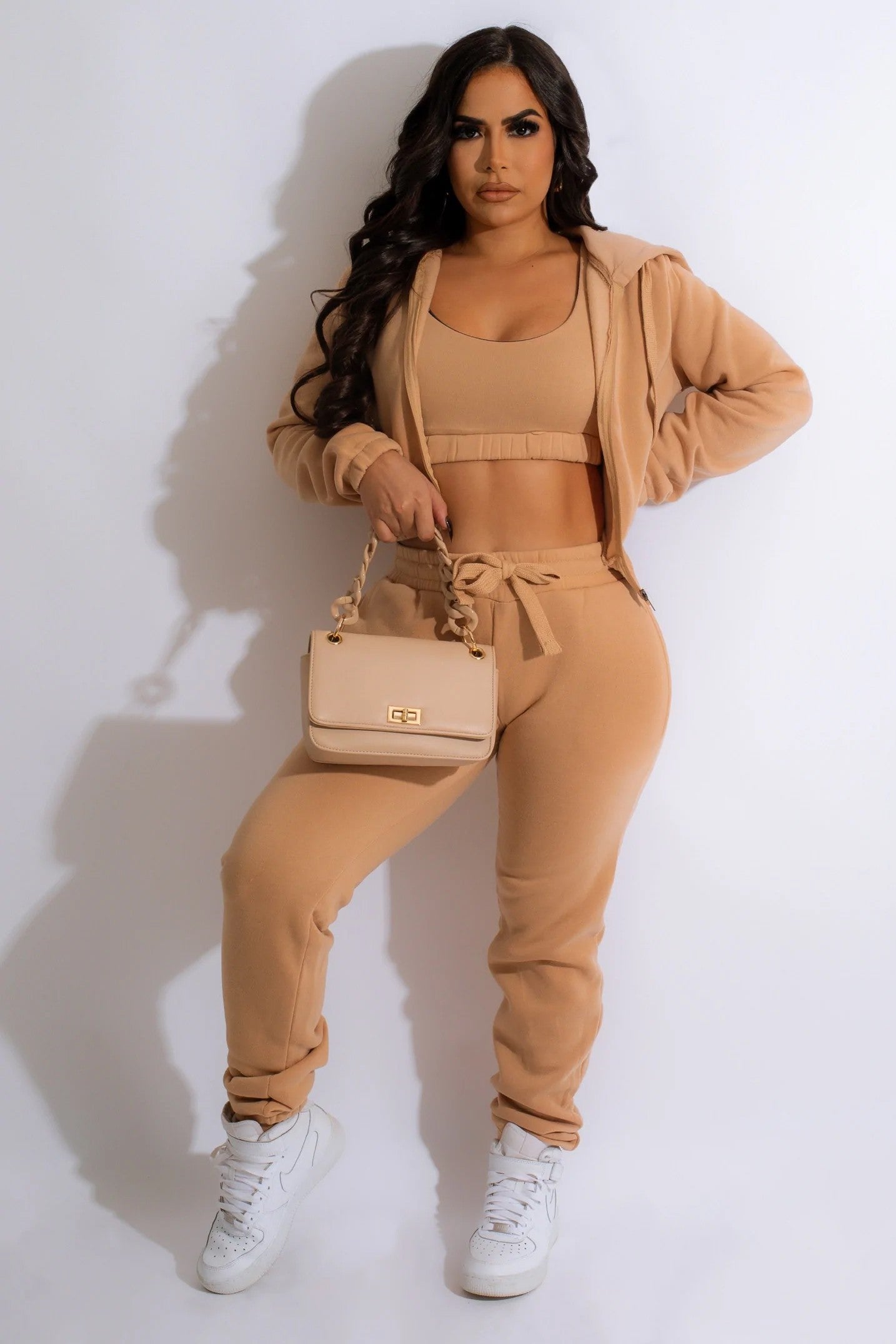 Set The Mood 3pc Jogger Set-Tan