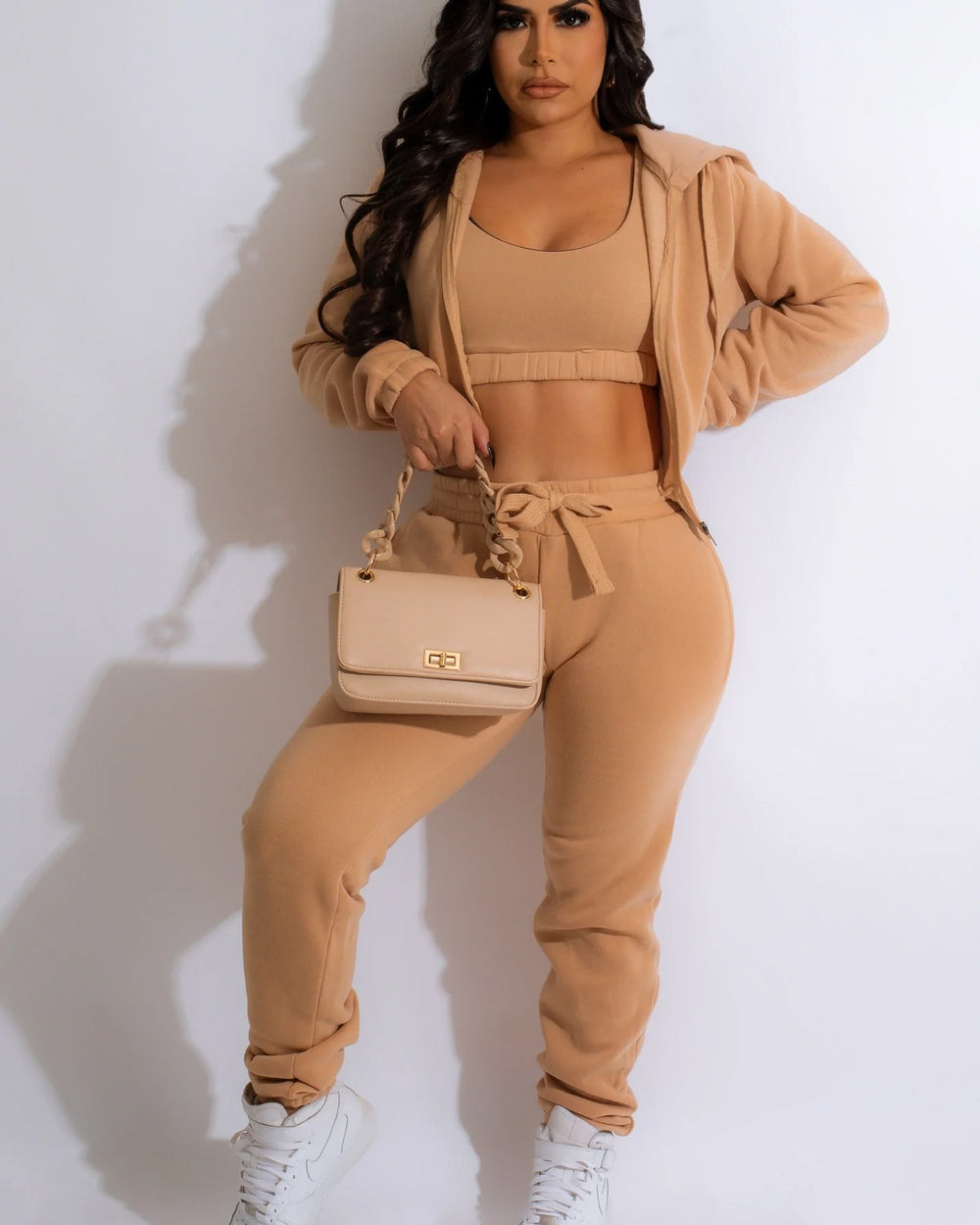 Set The Mood 3pc Jogger Set-Tan