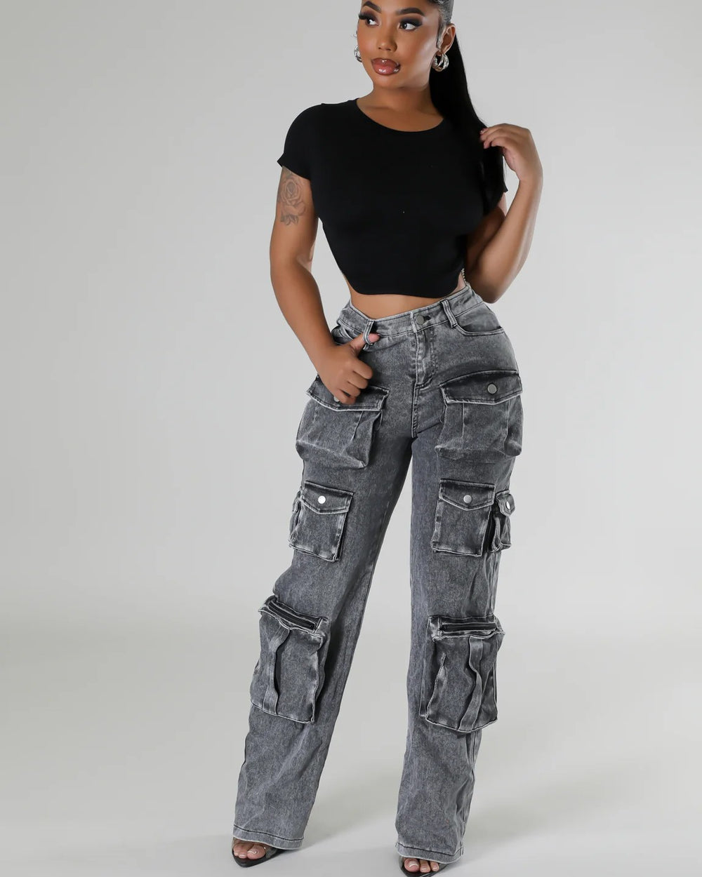 Bets Off Cargo Denim Jeans-Black