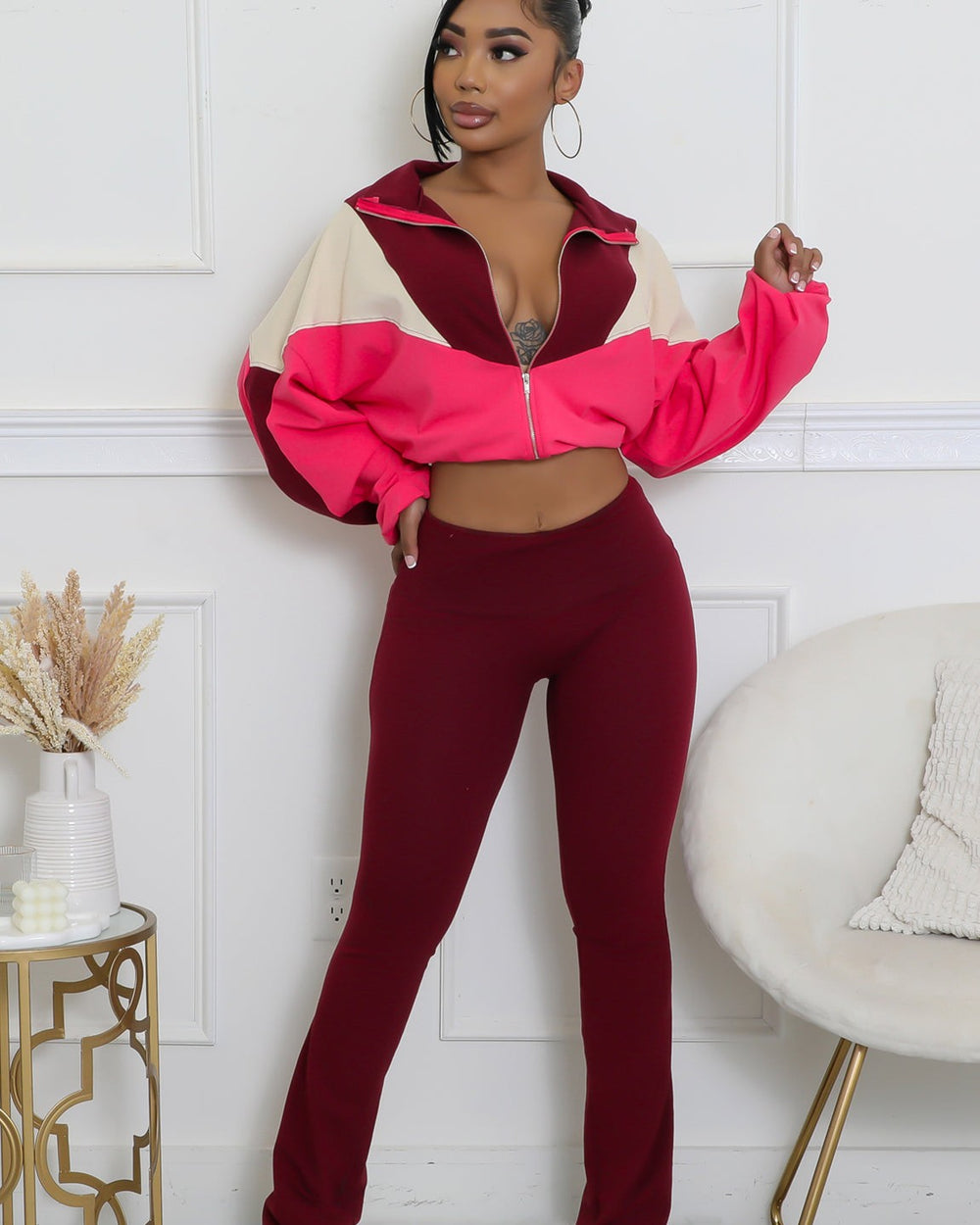 Never Blend In Flare Leg Pants Set-Burgundy/Pink