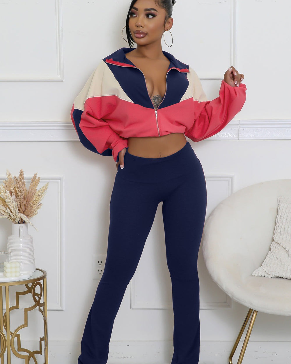 Never Blend In Flare Leg Pants Set-Navy/Pink/Tan
