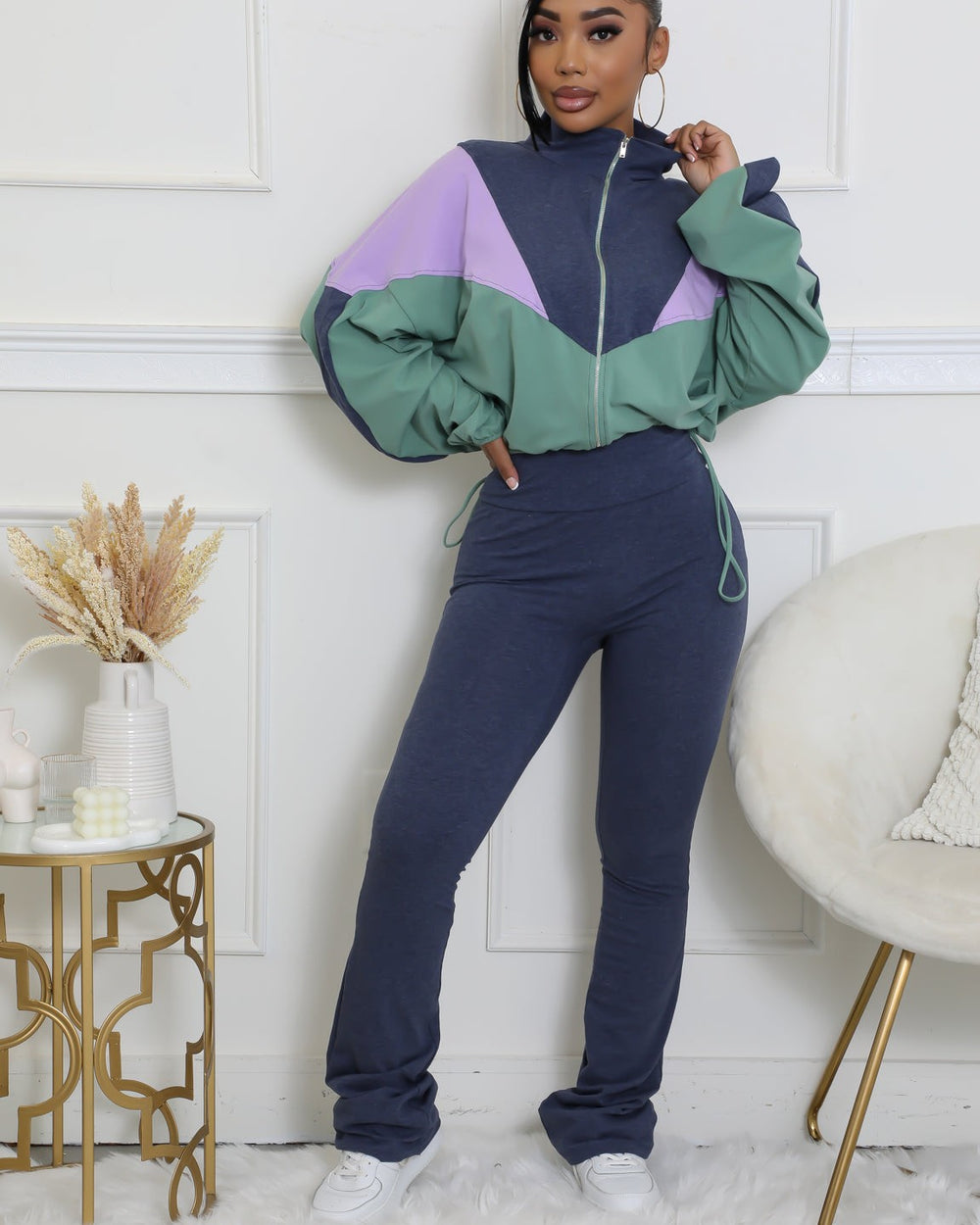 Never Blend In Flare Leg Pants Set-Navy/lavender/Sage