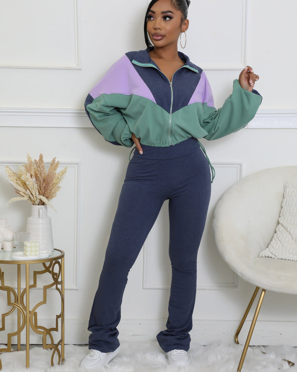 Never Blend In Flare Leg Pants Set-Navy/lavender/Sage