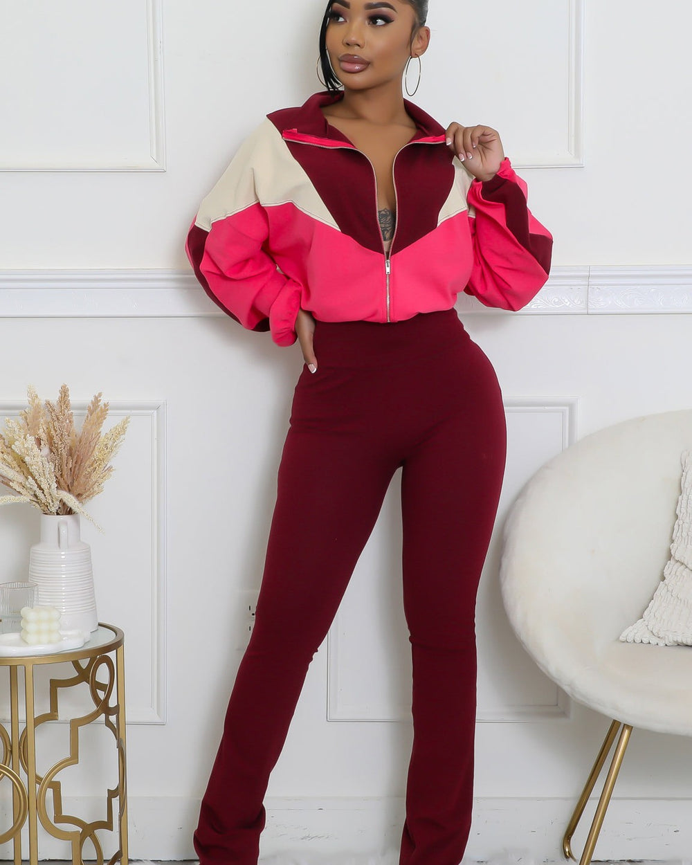 Never Blend In Flare Leg Pants Set-Burgundy/Pink