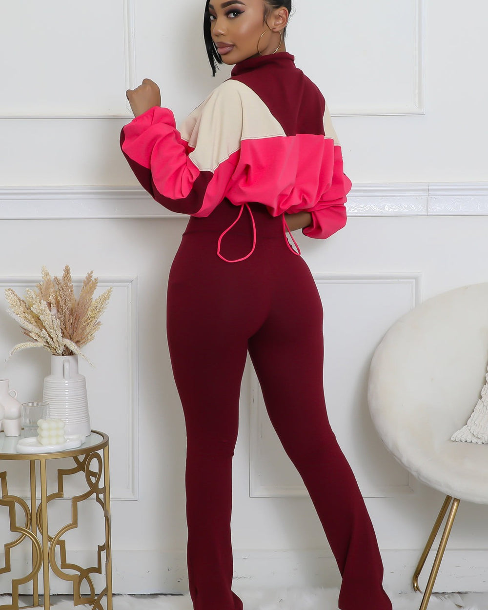 Never Blend In Flare Leg Pants Set-Burgundy/Pink