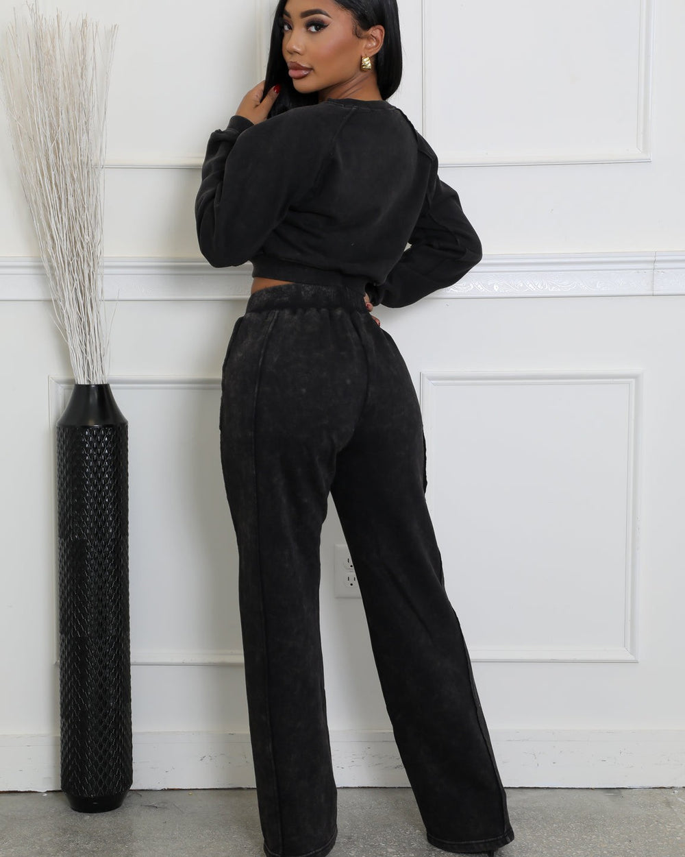 Crew Neck Acid Wash Sweatsuit-Black
