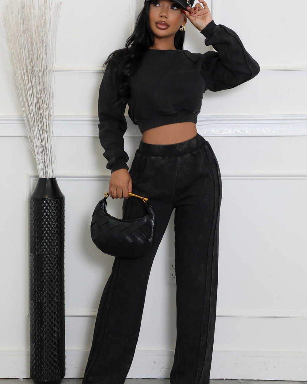 Crew Neck Acid Wash Sweatsuit-Black