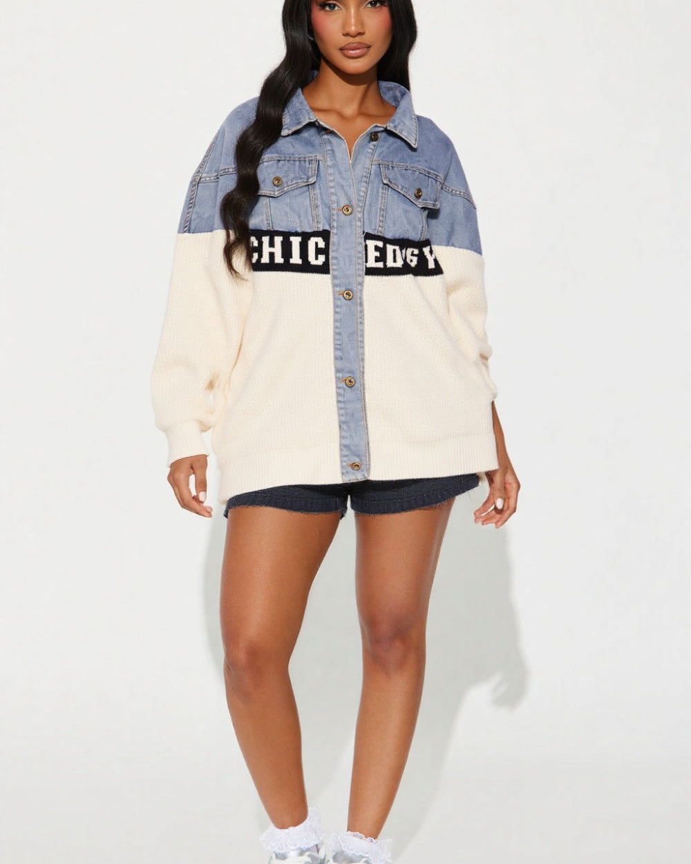 So Chic Denim Contrast Jacket-Ivory
