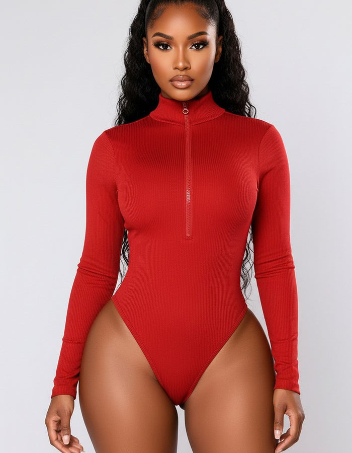 Sasha Fitted Zip-Up Bodysuit-Red