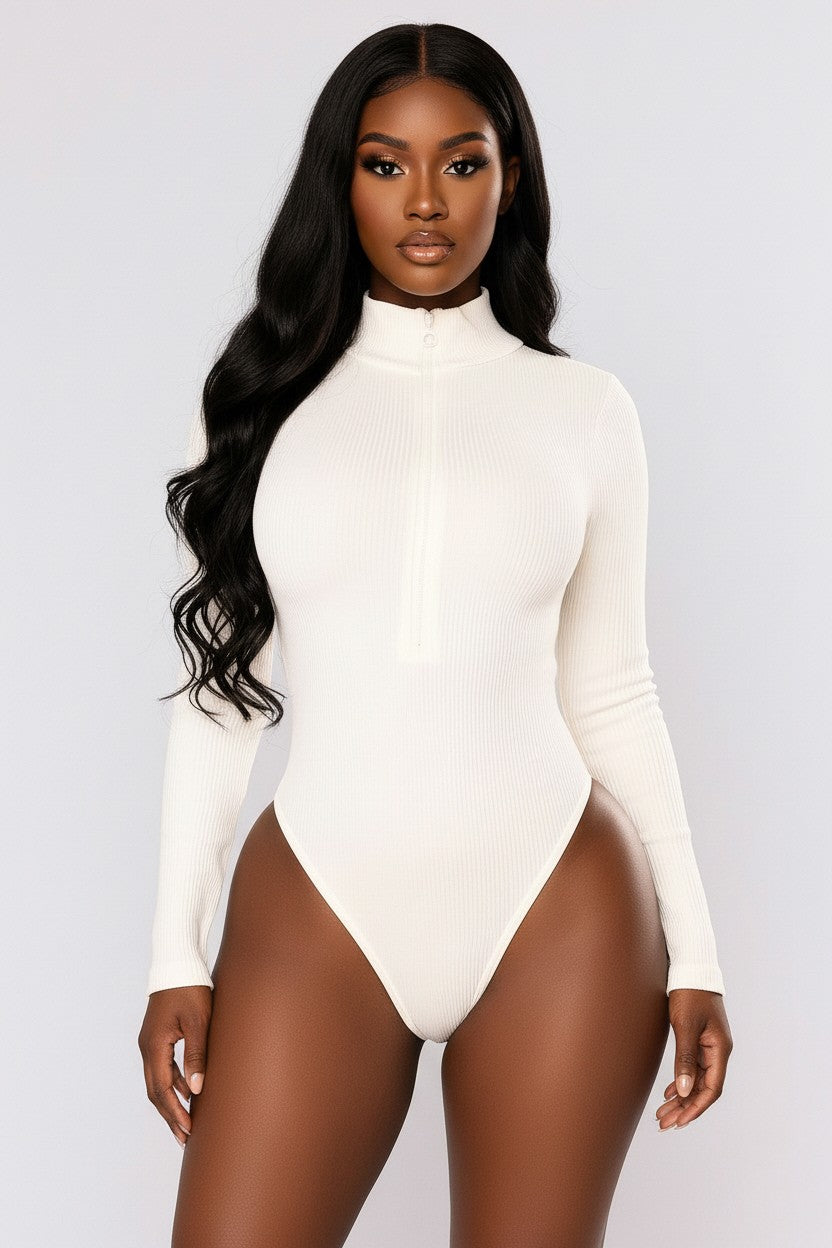 Sasha Fitted Zip-Up Bodysuit-White
