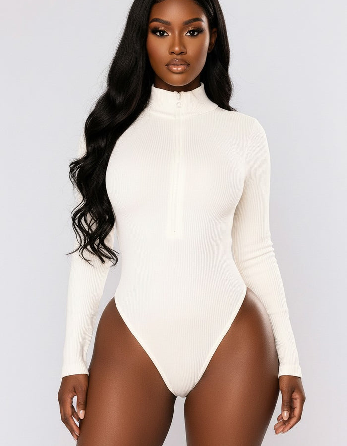 Sasha Fitted Zip-Up Bodysuit-White