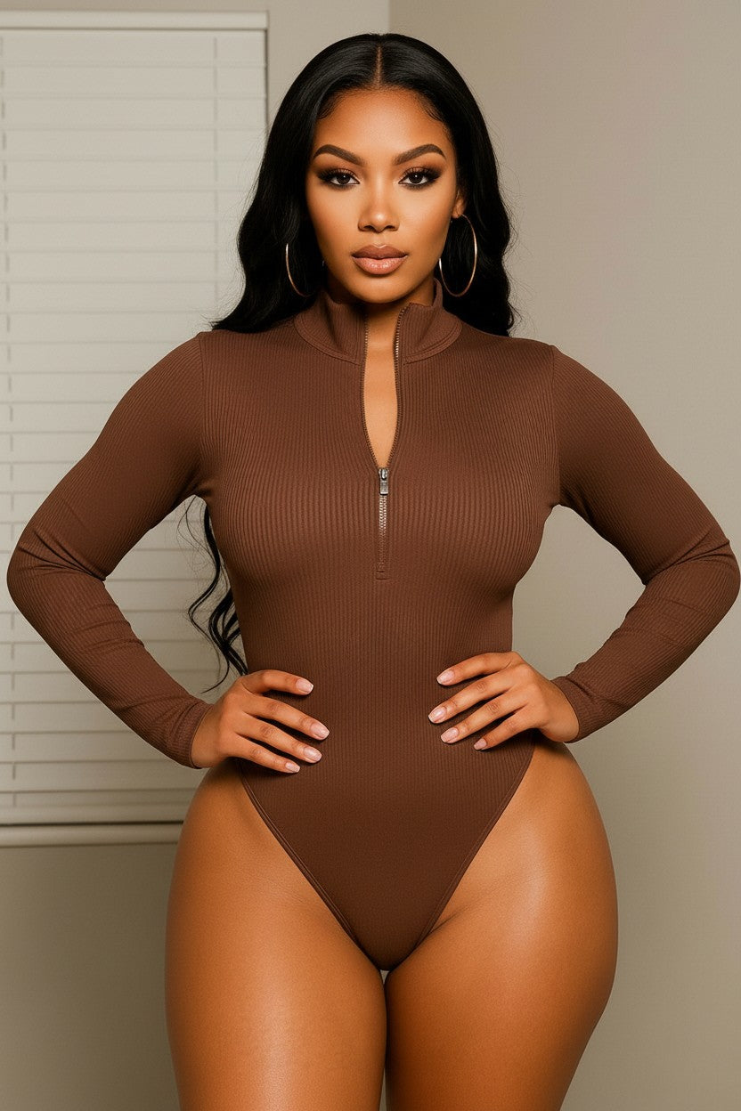 Sasha Fitted Zip-Up Bodysuit-Mocha