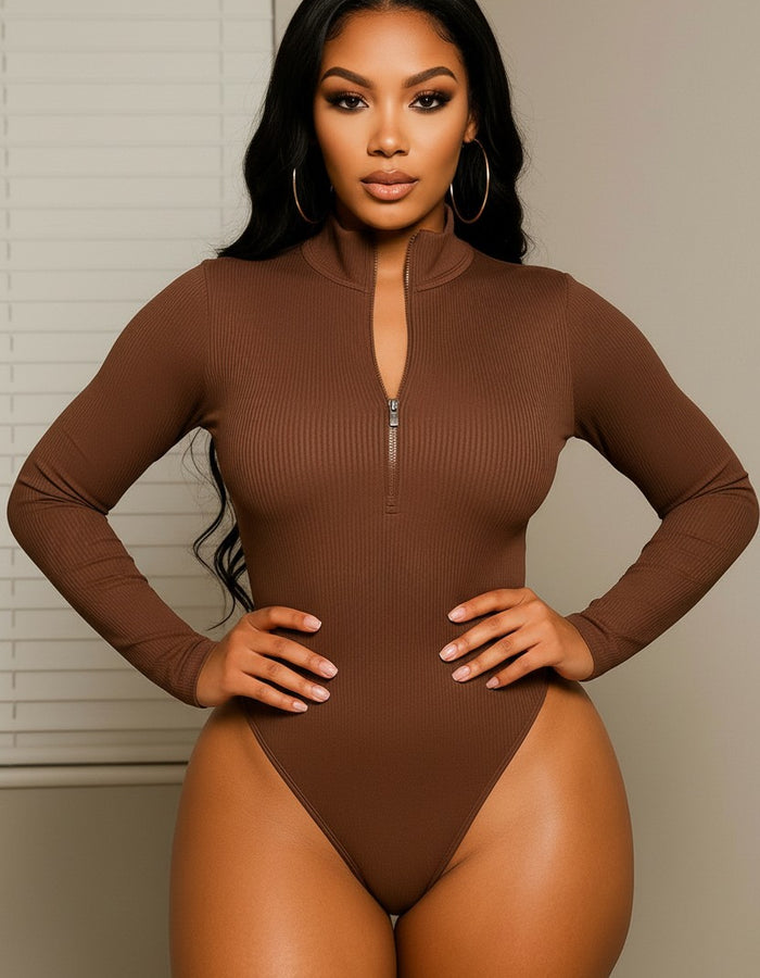 Sasha Fitted Zip-Up Bodysuit-Mocha