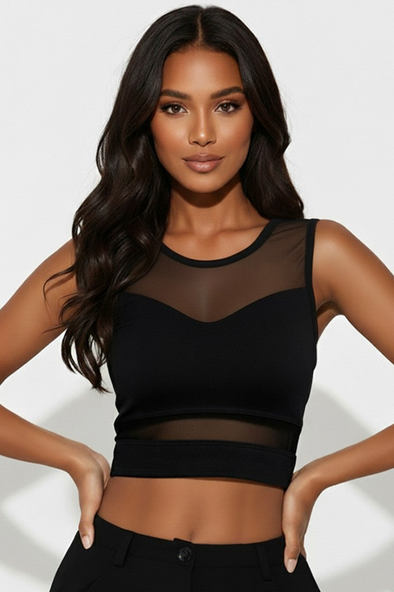 Barely There Mesh Crop Tank-Black