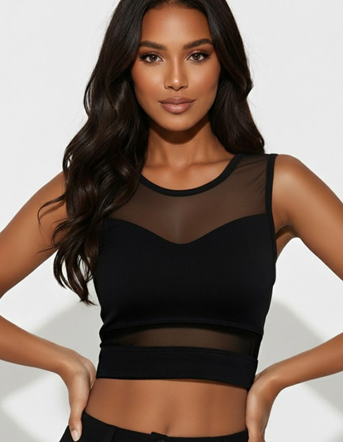 Barely There Mesh Crop Tank-Black