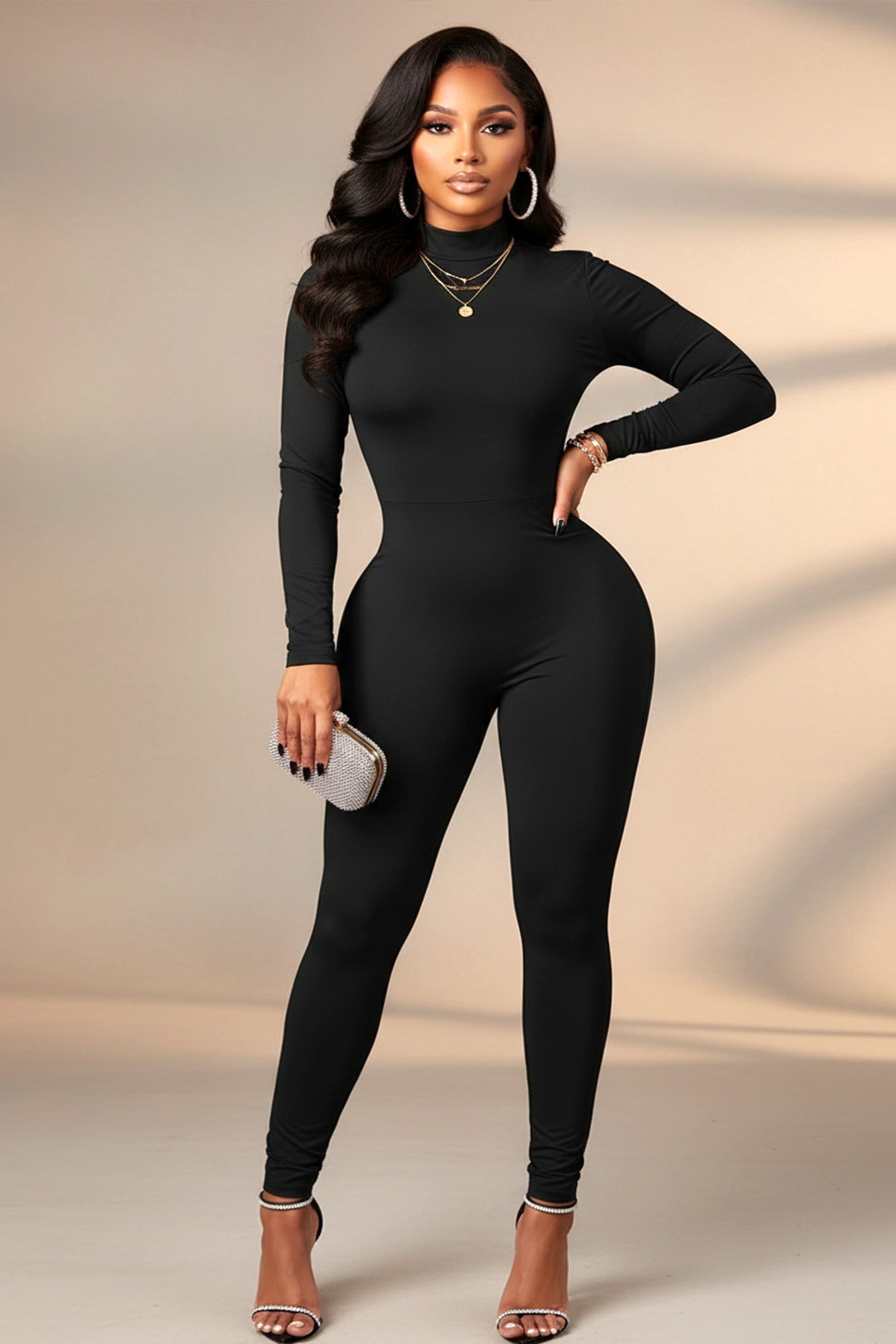 Mock Neck Jumpsuit-Black