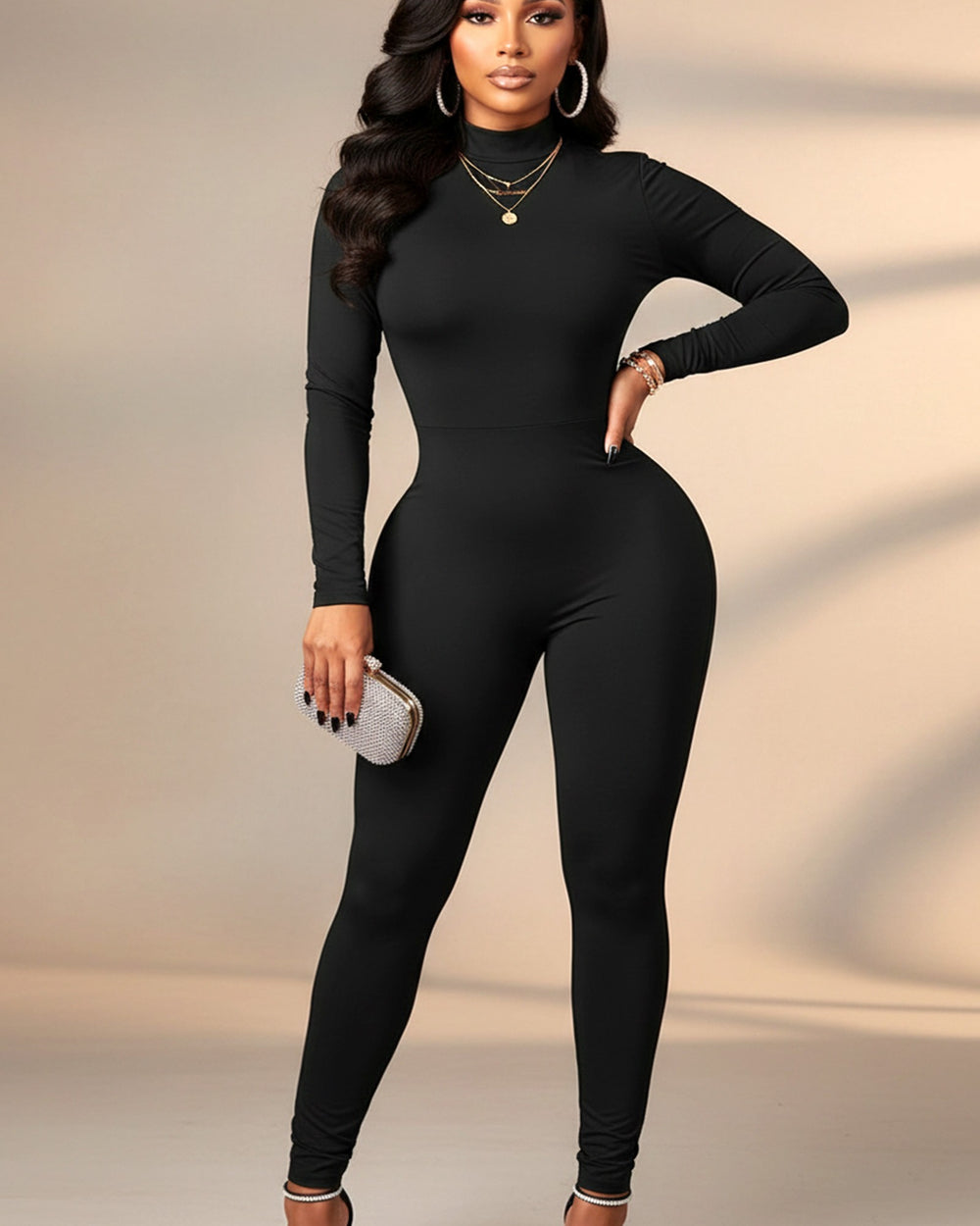 Mock Neck Jumpsuit-Black