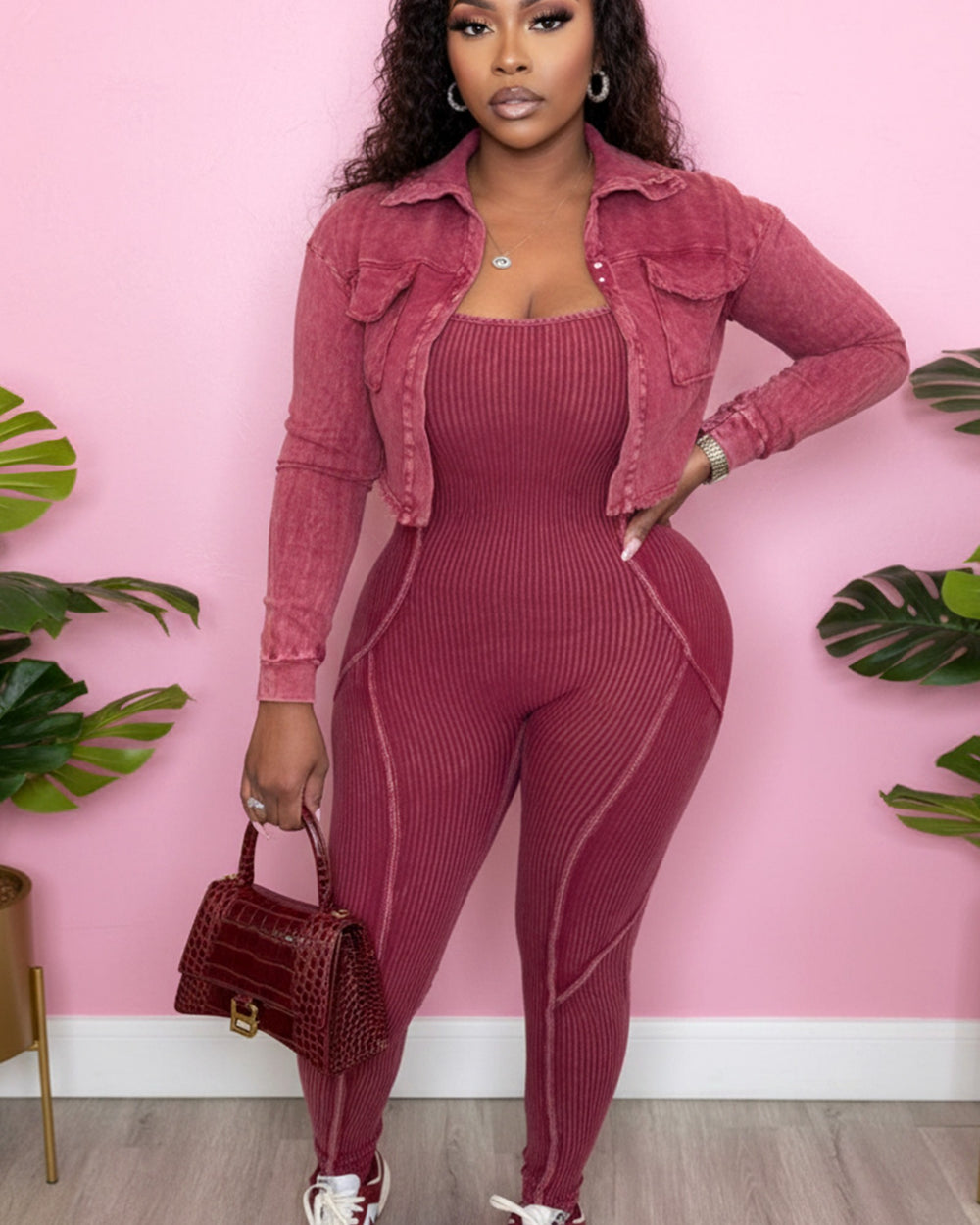 New Era Jumpsuit And Jacket Set-Wine