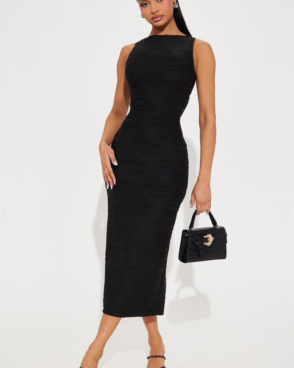 Ivy Textured Midi Dress-Black