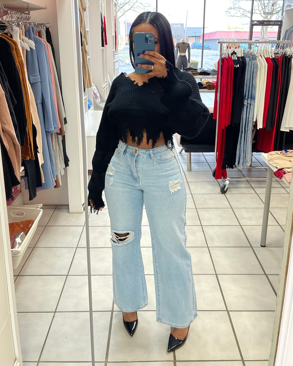 Distressing Me Out Crop Sweater-Black
