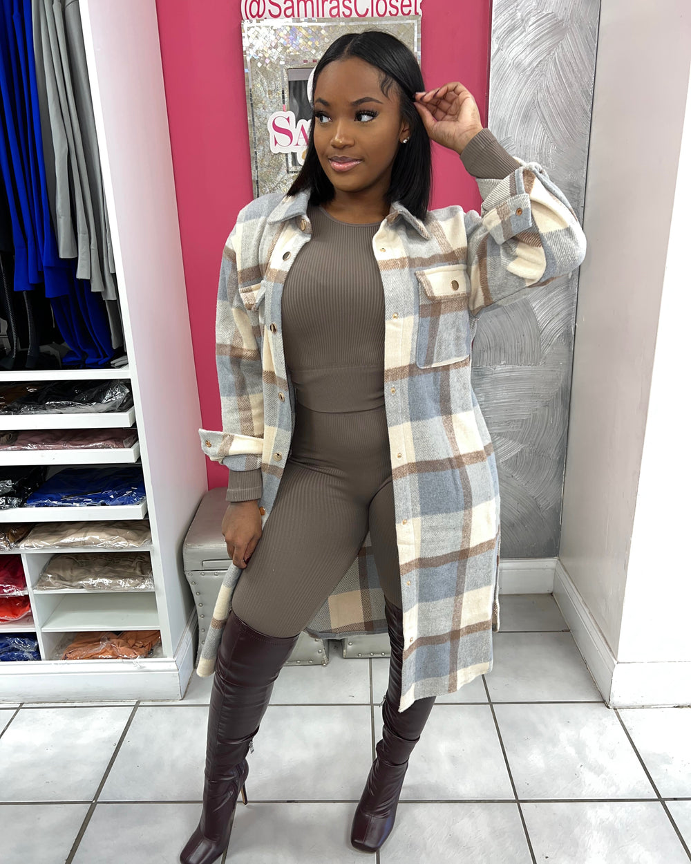 Better This Way Plaid Jacket-Grey Cream Combo