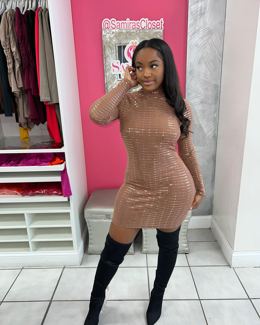 Bling Me Sequin Bodycon Dress-Mocha