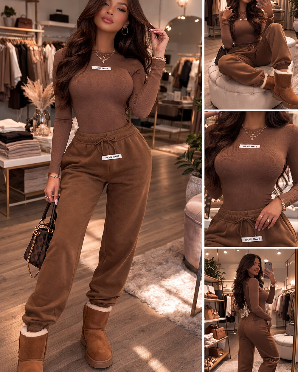 Handmade Bodysuit And Jogger Set-Brown