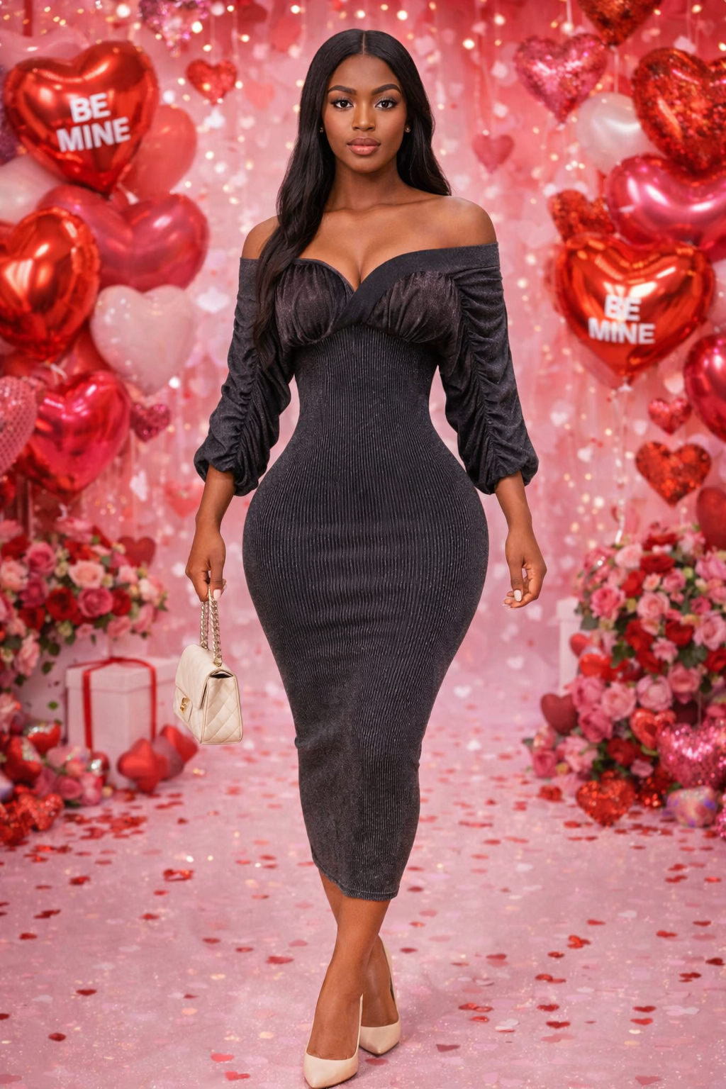 Making Me Blush Midi Dress-Black