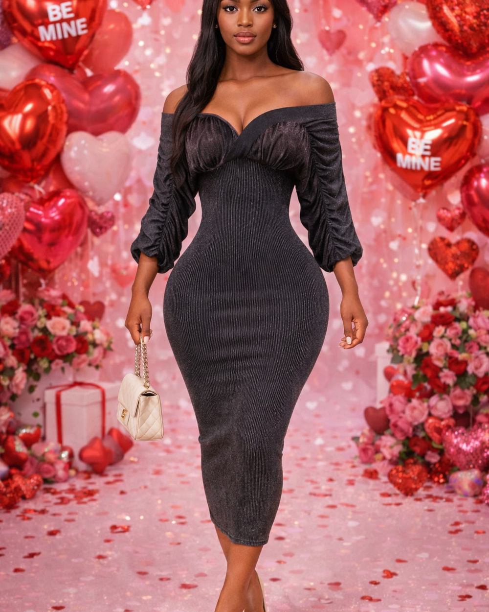 Making Me Blush Midi Dress-Black