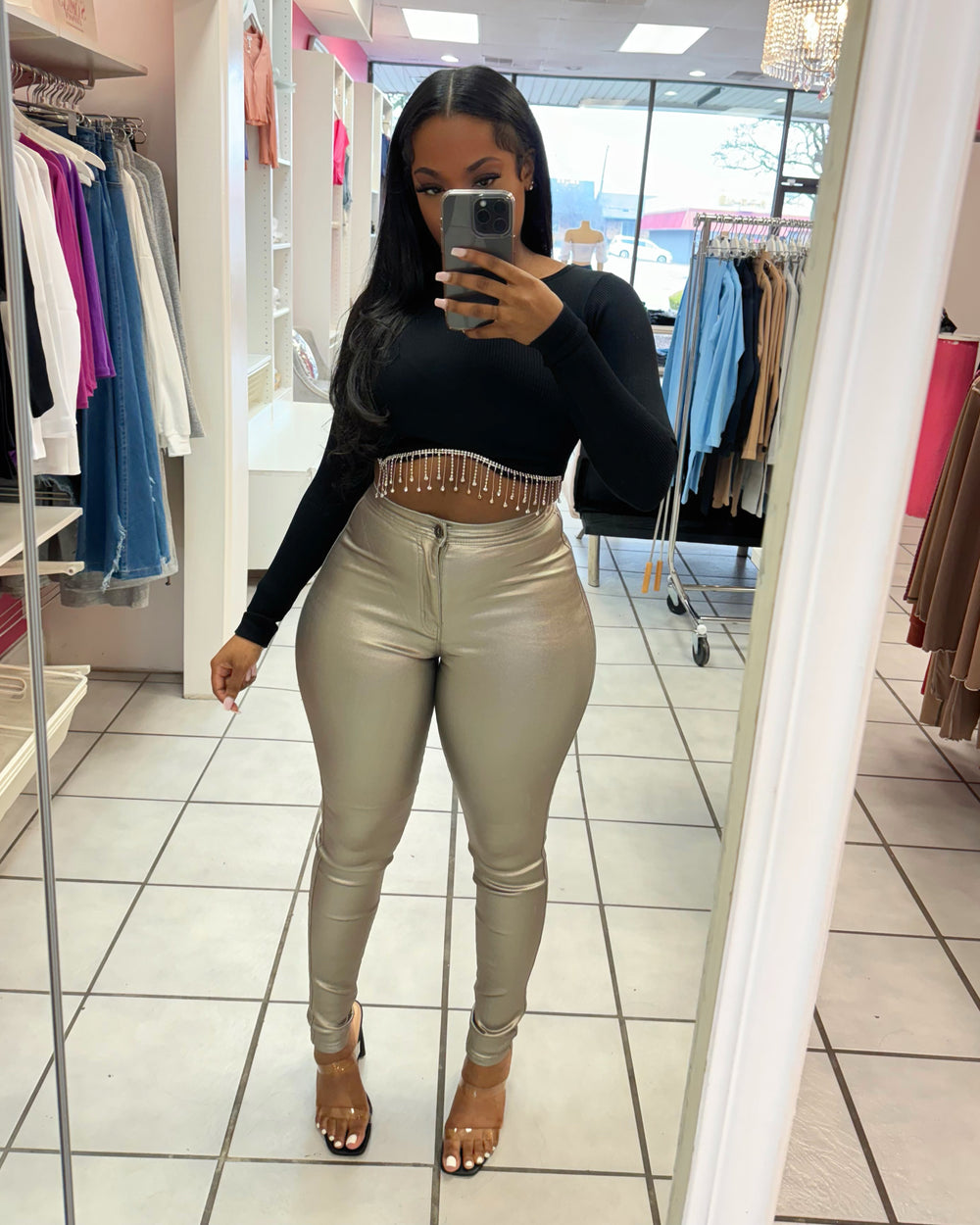 Metallic Extra Stretch Denim-Gold