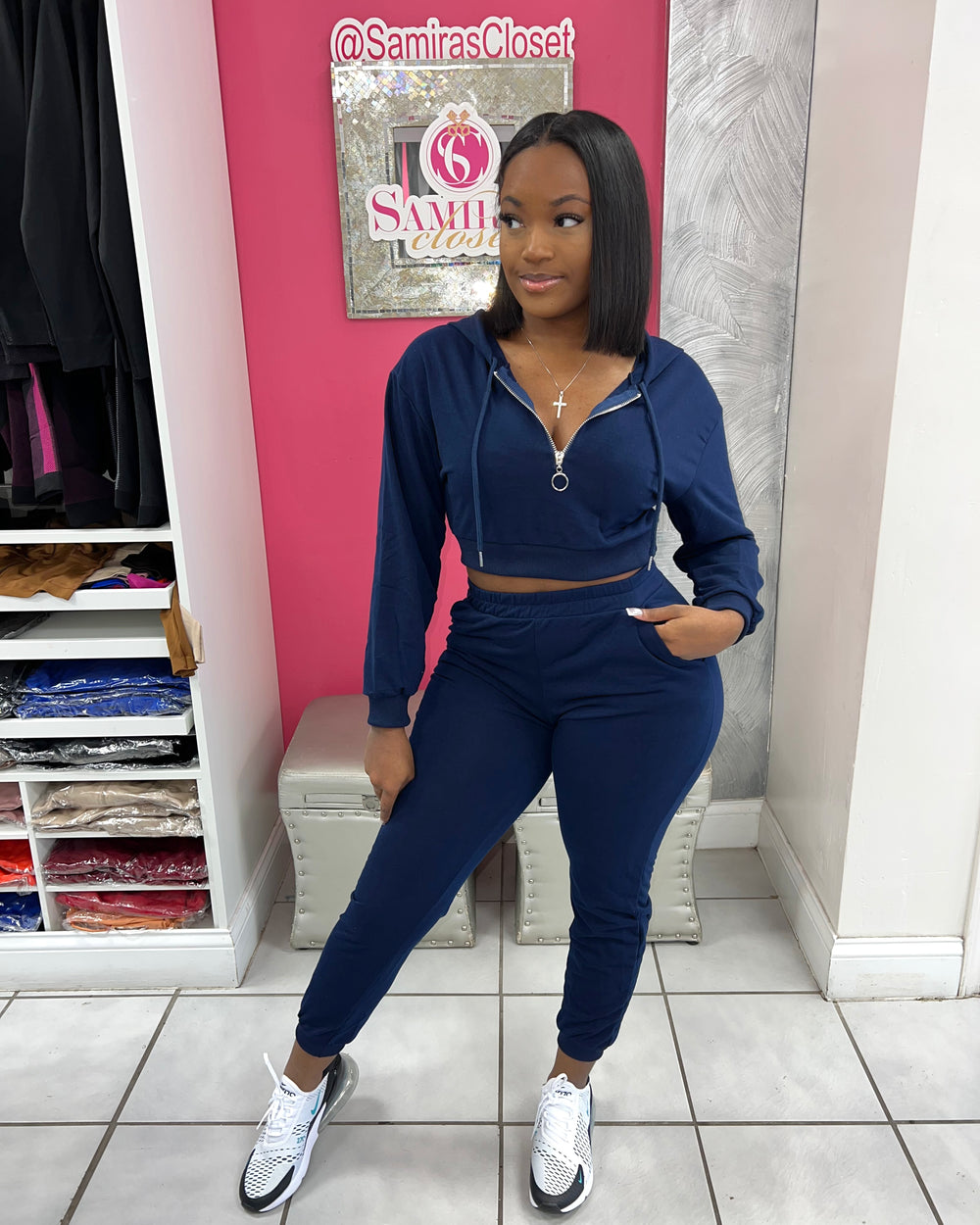 Courtside Hoody Jogger Set-Navy