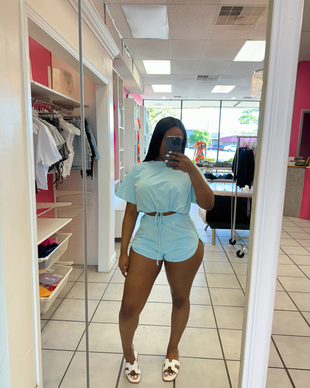 Favorite Vibe Drawstring Shorts Set-Blue