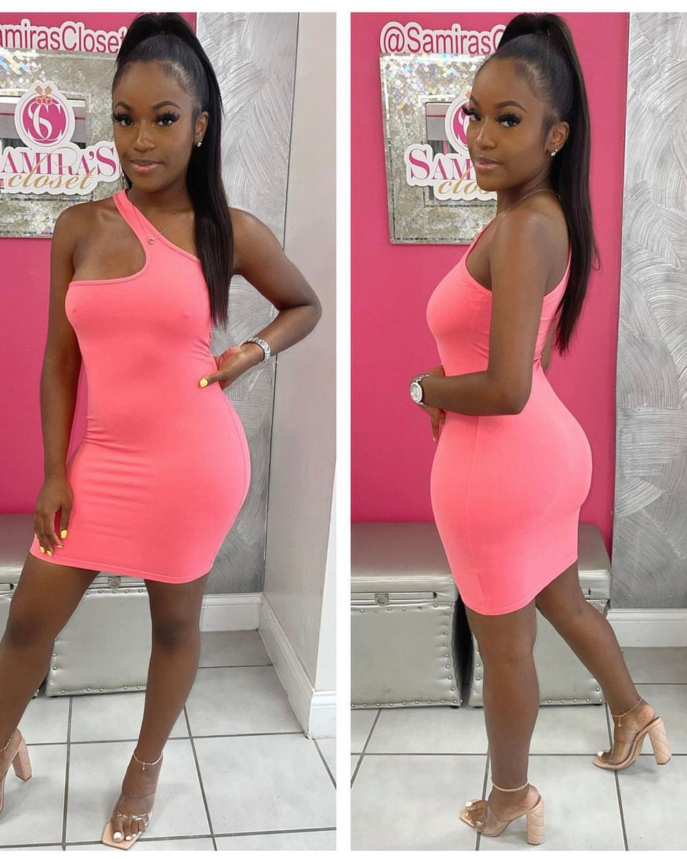 One Shoulder BodyCon Dress-Coral