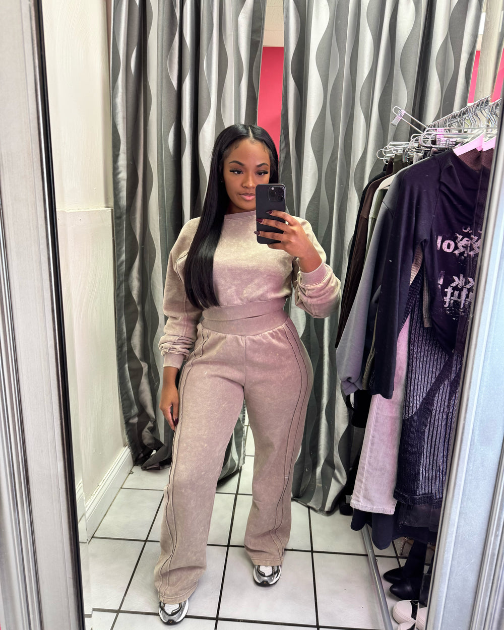 Crew Neck Acid Wash Sweatsuit-Taupe