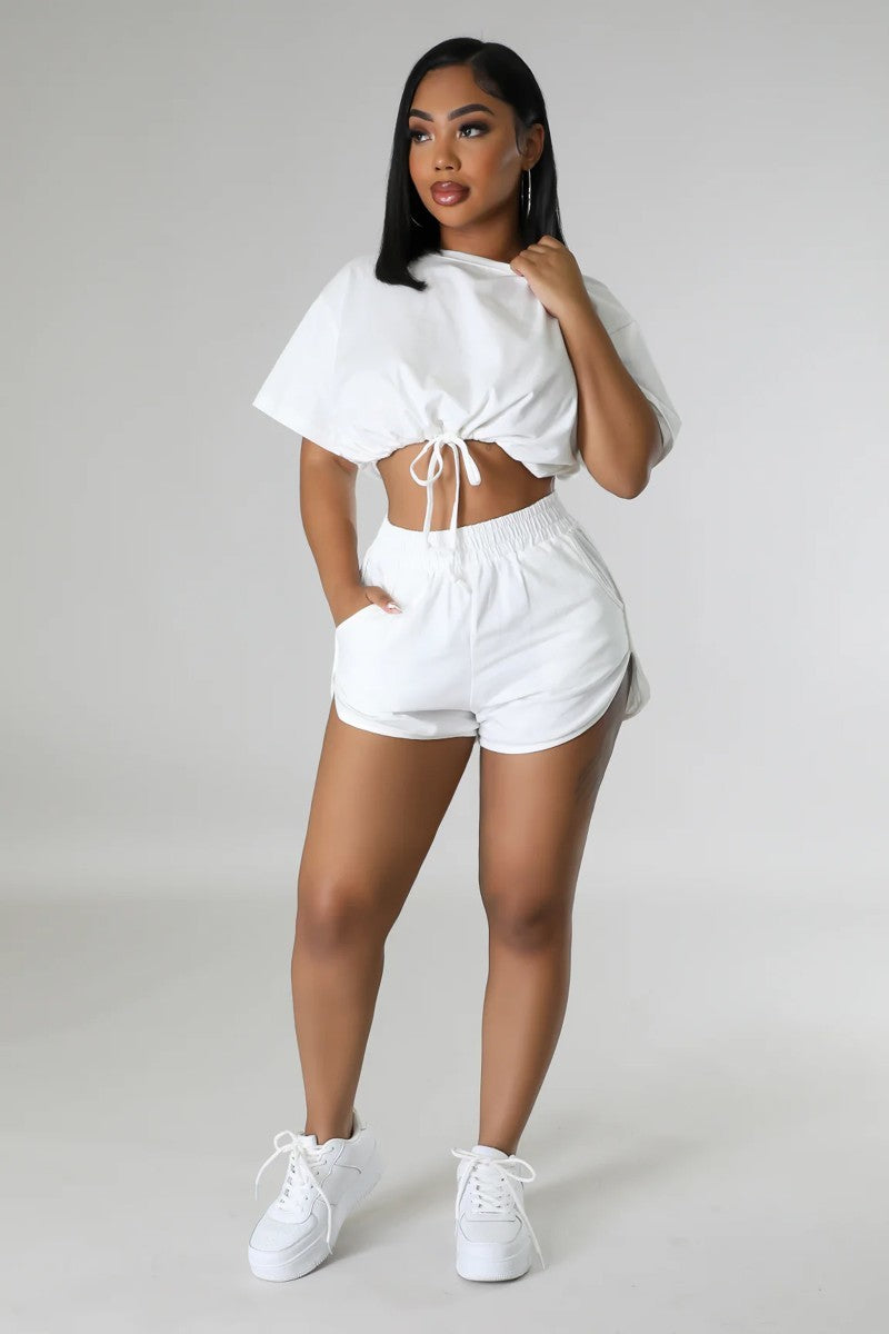 Favorite Vibe Drawstring Shorts Set-White