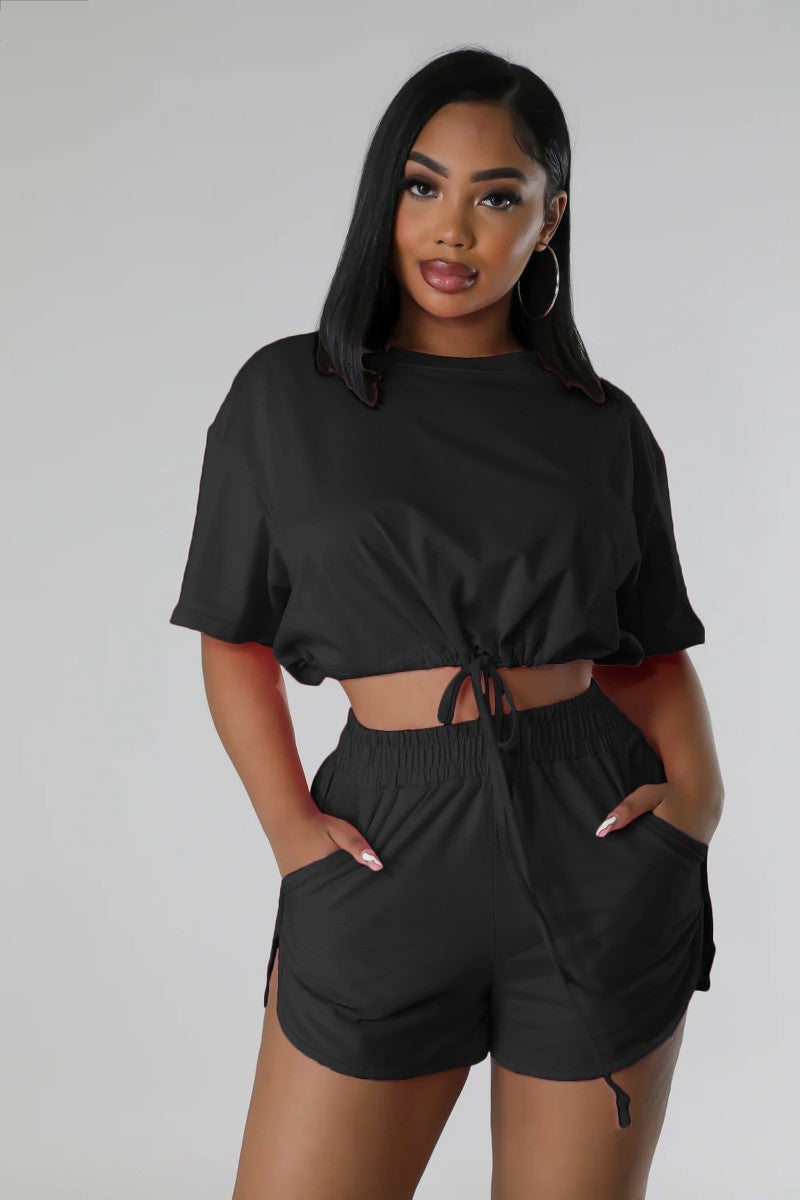 Favorite Vibe Drawstring Shorts Set-Black