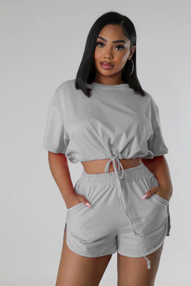 Favorite Vibe Drawstring Shorts Set-Grey