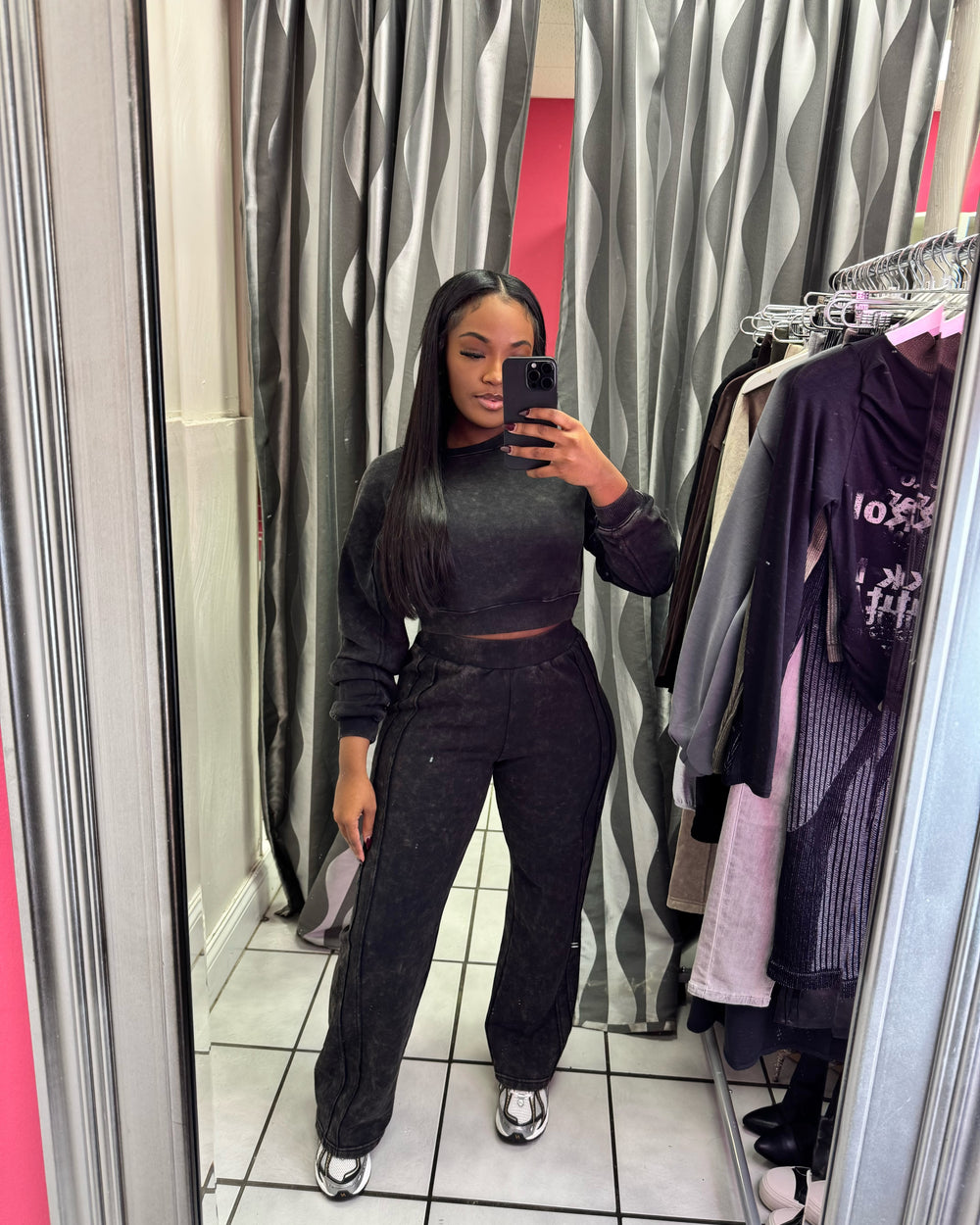 Crew Neck Acid Wash Sweatsuit-Black