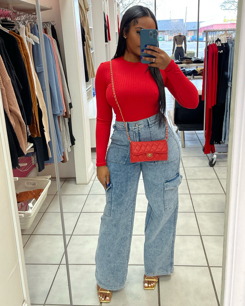 Basic Ribbed Long Sleeve Bodysuit-Red