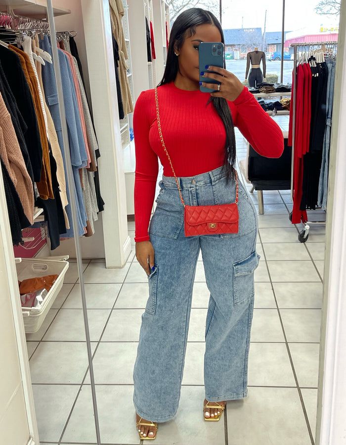 Basic Ribbed Long Sleeve Bodysuit-Red