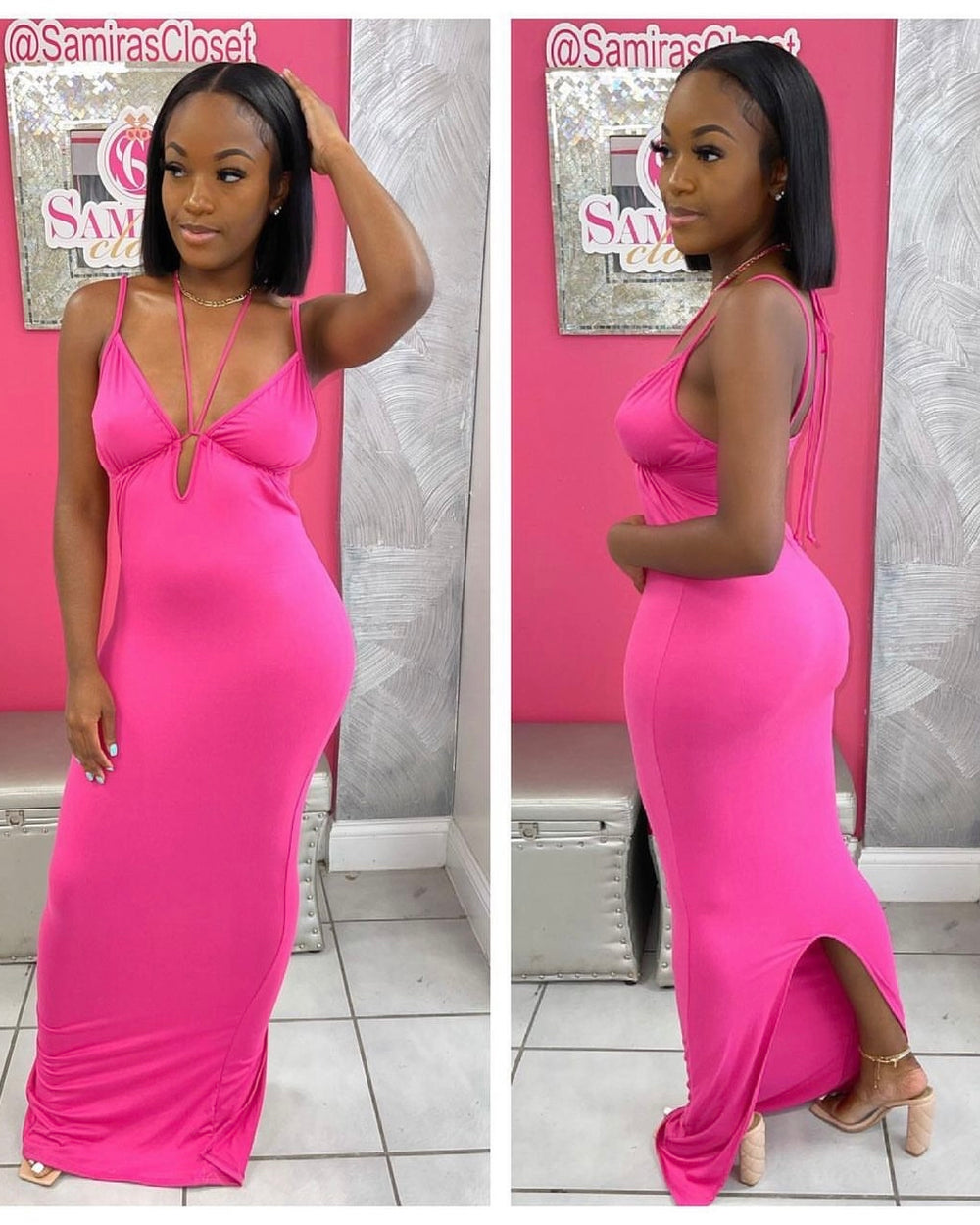 Deep Plunge Maxi Dress-Fushcia