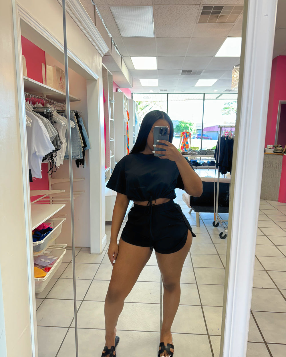 Favorite Vibe Drawstring Shorts Set-Black