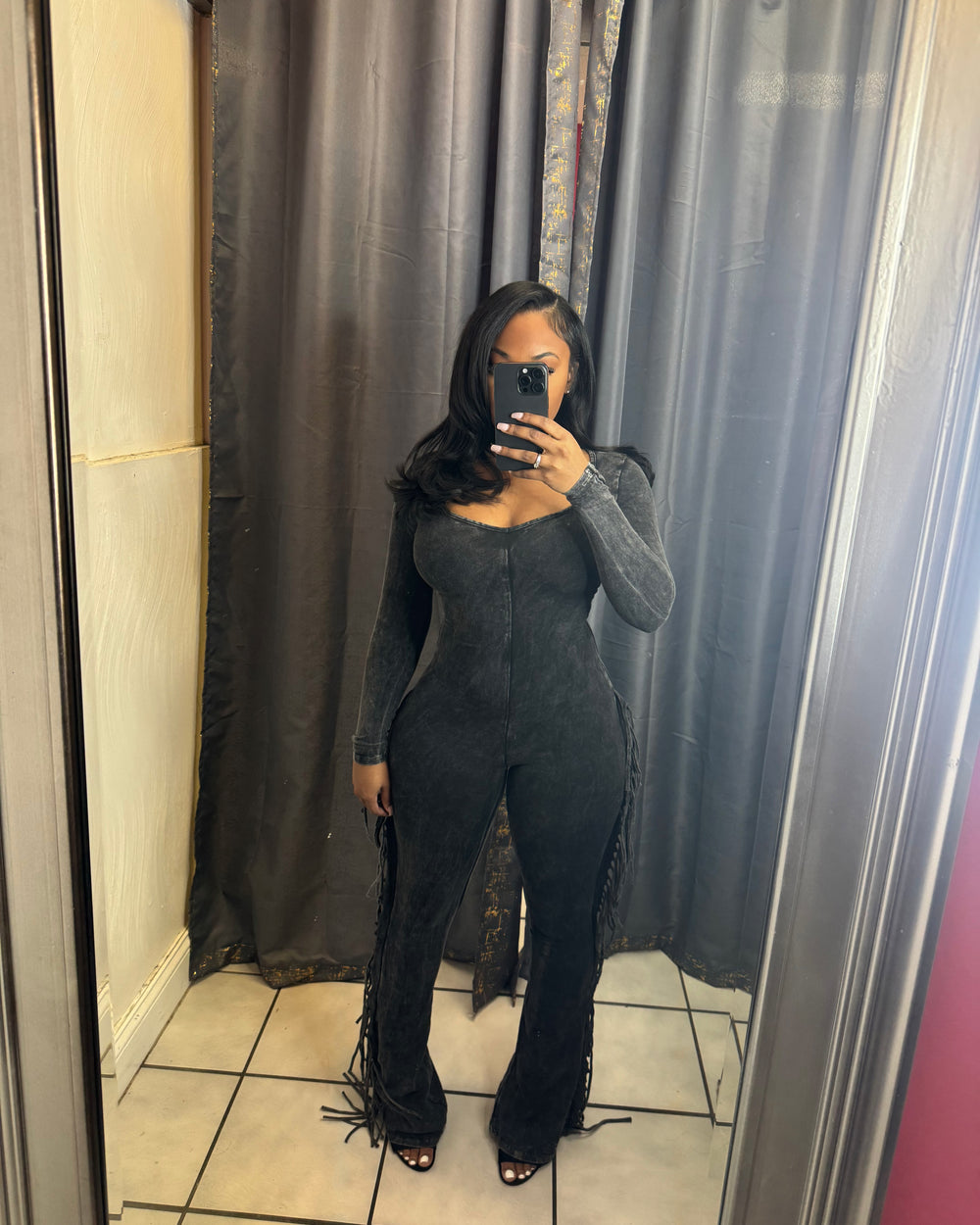 Amour Fringe Jumpsuit-Charcoal