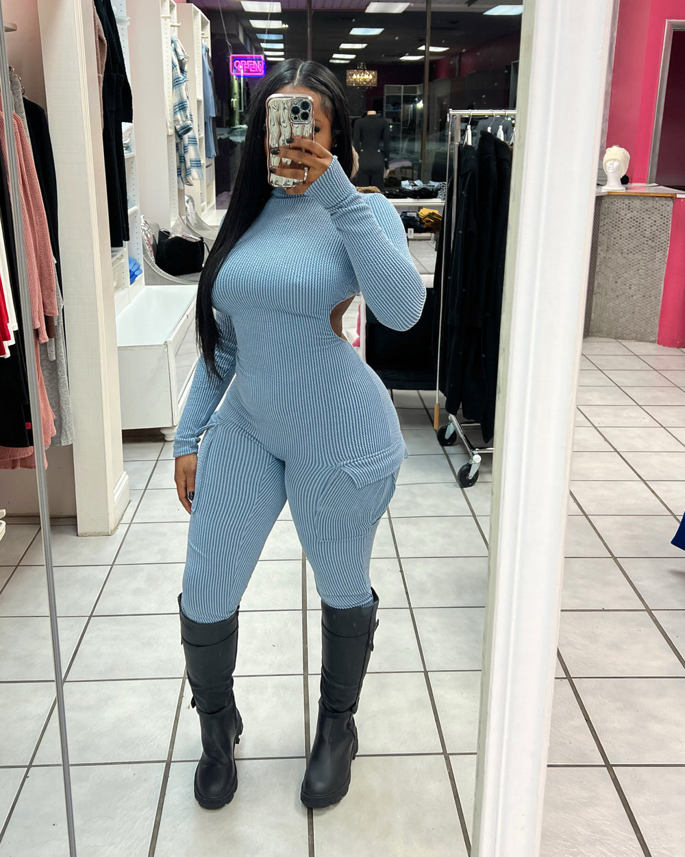 Next Level Cargo Jumpsuit-Denim Blue