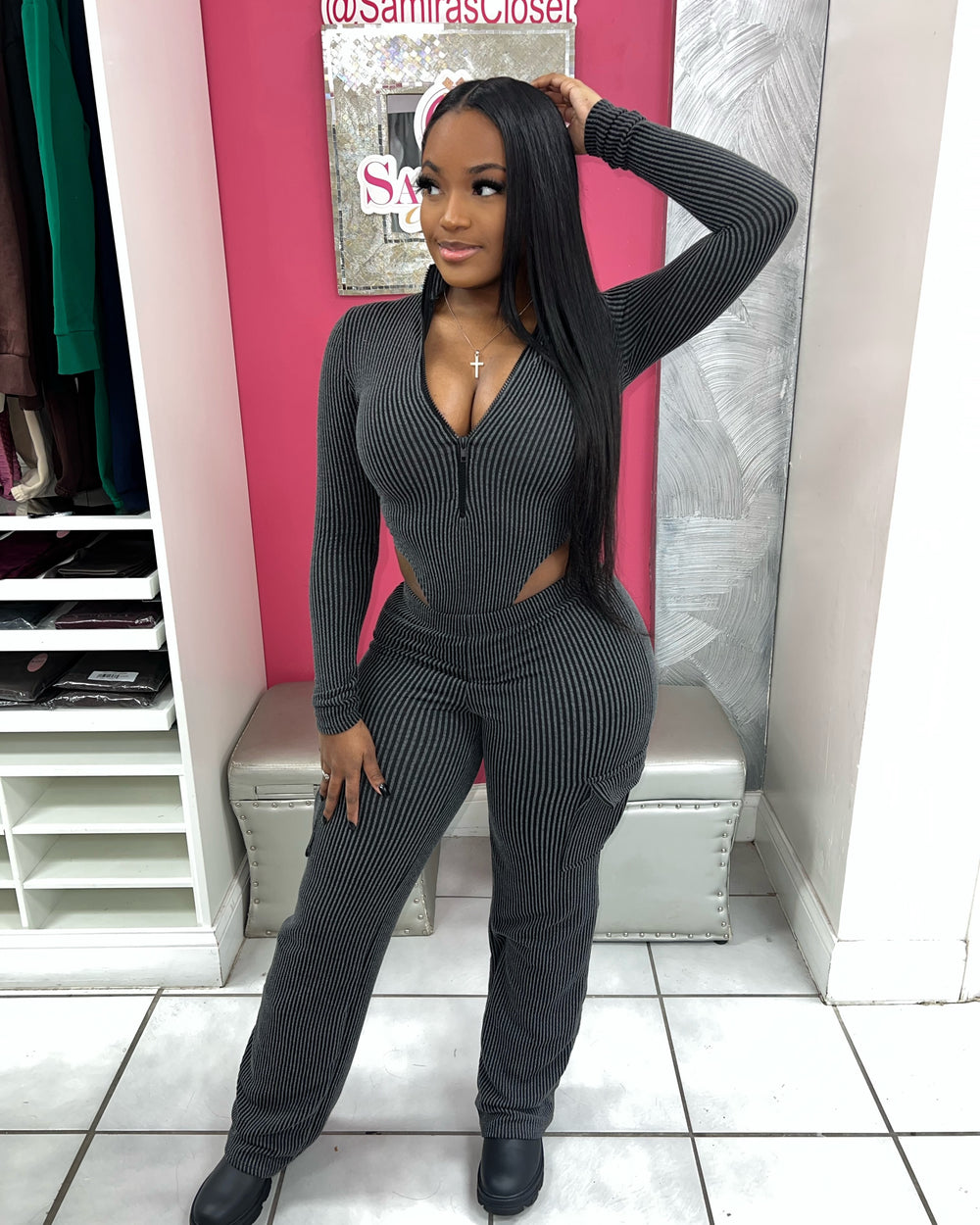 Chill Mami Pants Set-Charcoal